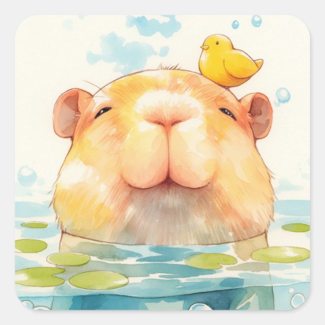 Sticker Carré Capybara et ami des oiseaux (Devant)