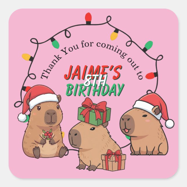 Sticker Carré Capybara Pink Christmas Holiday Birthday (Devant)