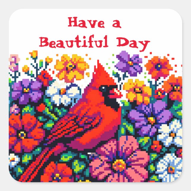 Sticker Carré Cardinal rouge et fleurs | Belle Journée (Devant)