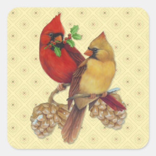 Sticker Carré Cardinaux pin et houx d'hiver