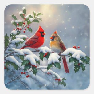 Sticker Carré Cardinaux rouges et houx dans la neige