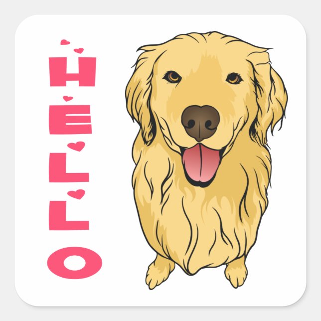 Sticker Carré Caricature Amoureux des chiens chiot Hello Golden  (Devant)