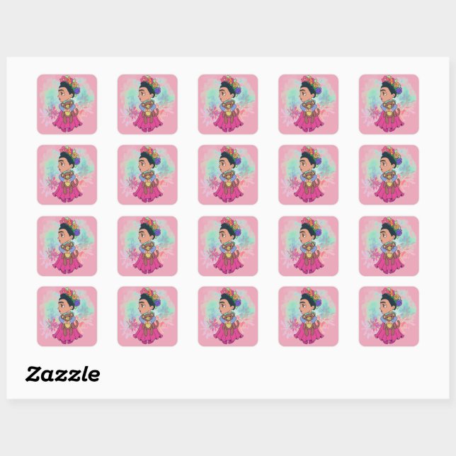 Sticker Carré Caricature de Frida avec singe (Feuille)