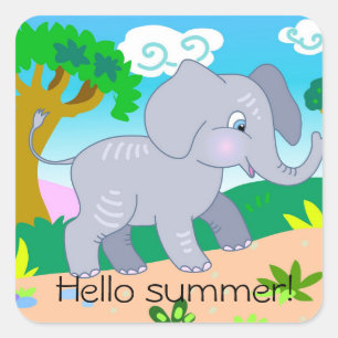 Sticker Carré Caricature éléphant mignon en été dans la nature