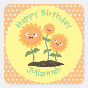 Sticker Carré Caricature joli tournesol souriant illustration