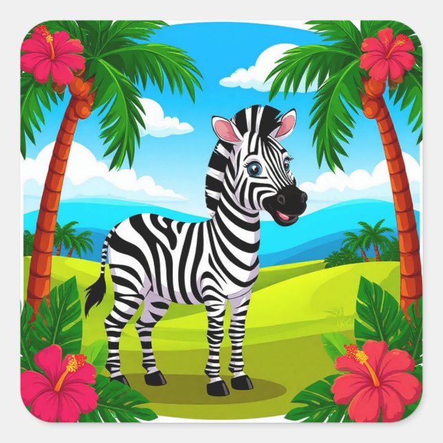 Sticker Carré Caricature joyeuse Zebra dans un paysage tropical (Devant)