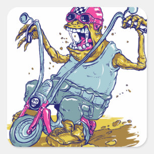 Sticker Carré Caricature Monster Motorcycle Biker