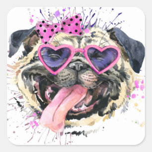 Sticker Carré Carlin rose mignon d'aquarelle