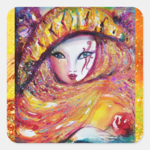 STICKER CARRÉ CARNAVAL EN JAUNE D'OR AVEC ROSE ROUGE