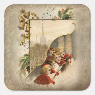 Sticker Carré Caroleurs de Noël Vintage avec cloches et Holly