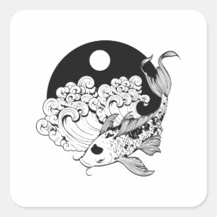 Sticker Carré Carpe japonaise koi avec Yin & Yang Arrière - pla
