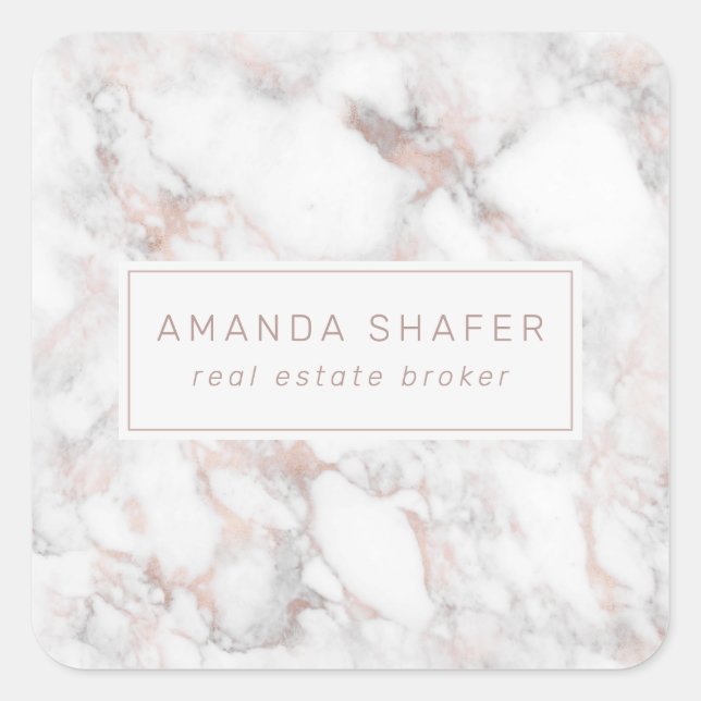 Sticker Carré Carrara Marbre Faux Rose Gold Nom Badge (Devant)