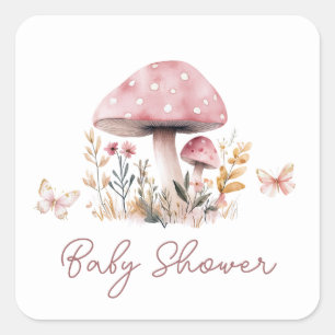 Sticker Carré Carré Baby shower de champignon rose