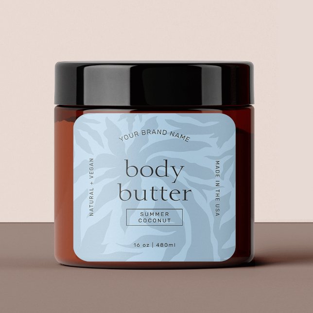 Sticker Carré Carré de Lotion de corps bleu clair moderne Étique (Modern product stickers with trendy tropical palm design in light blue or edit to any colors)