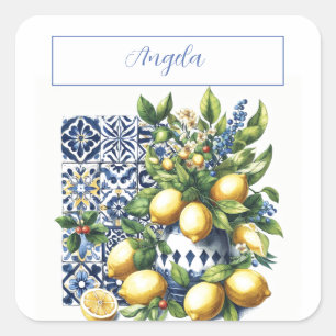 Sticker Carré Carreaux bleus italiens et citrons   votre nom