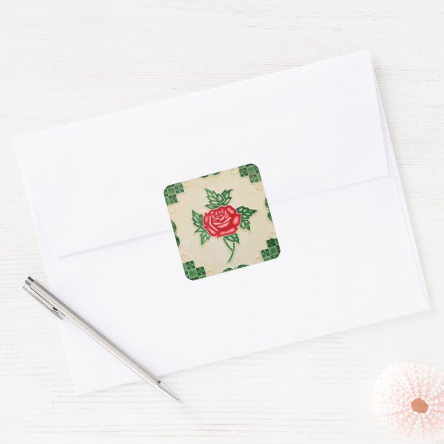 Sticker Carré Carreaux de fleurs roses (Enveloppe)