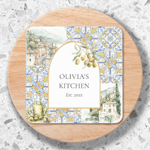 Sticker Carré Carreaux de motif méditerranéen olive jaune bleu