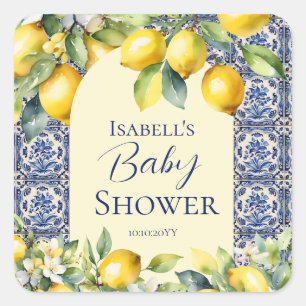 Sticker Carré Carrelage bleu italien aquarelle bébé citron bienv