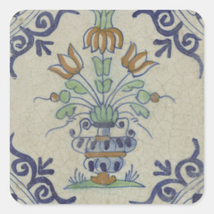 Sticker Carré Carrelage Delft Antique Pot de Fleur Céramique