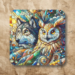 Sticker Carré Carrelage mosaïque Loup et hibou