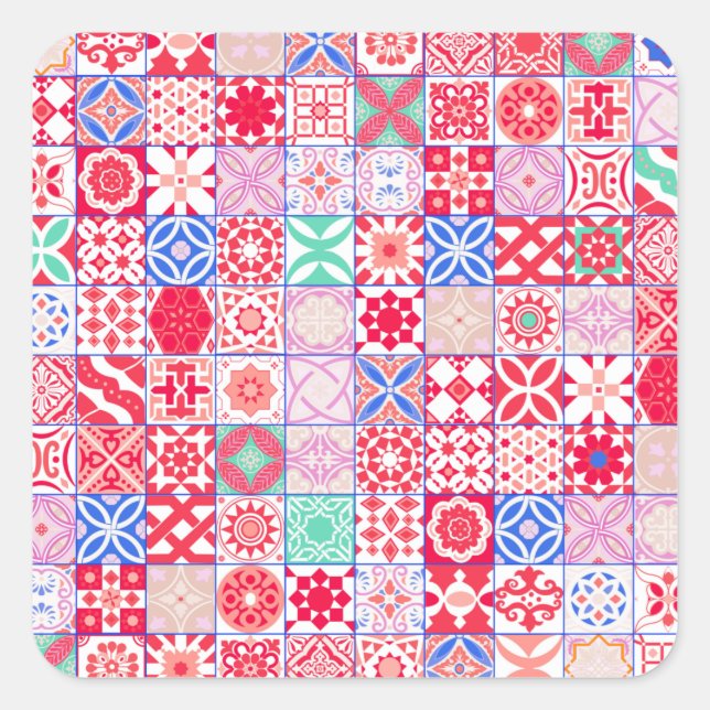 Sticker Carré Carrelage rose et rouge marocain (Devant)