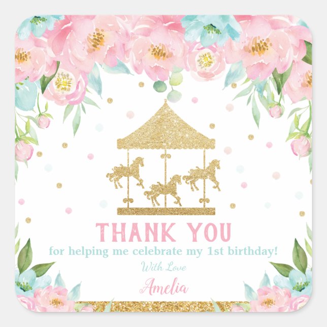Sticker Carré Carrousel floral de Monnaie rose Anniversaire Merc (Devant)