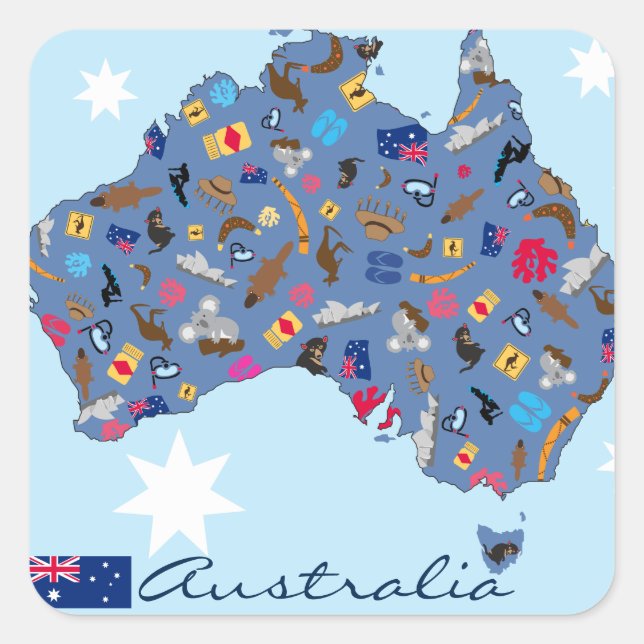 Sticker Carré Carte australienne avec des objets culturels (Devant)