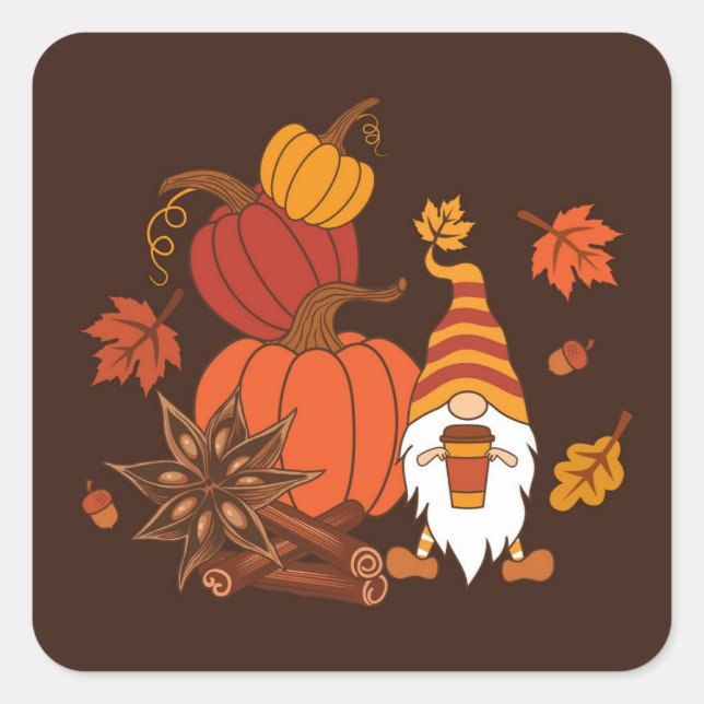 Sticker Carré Carte Citrouille Gnome d'automne (Devant)
