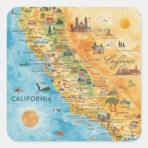Sticker Carré Carte de Californie illustrée à l'aquarelle