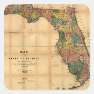 Sticker Carré Carte de l'État de Floride en 1856 par Columbus D