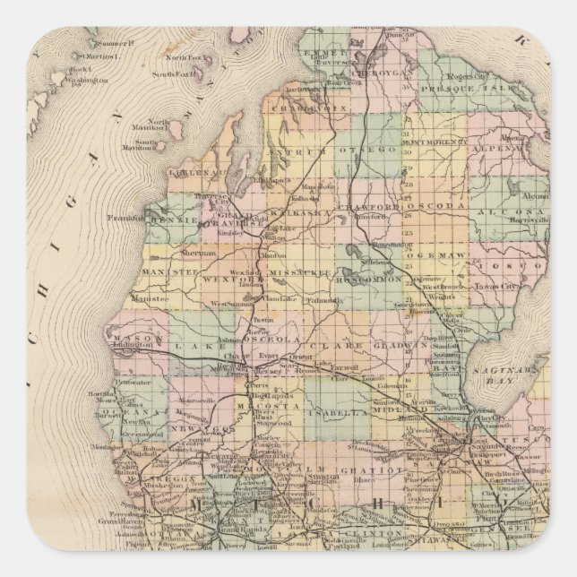 Sticker Carré Carte de l'état du Michigan Atlas (Devant)