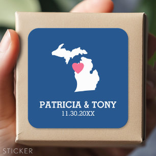 Sticker Carré Carte de l'État du Michigan avec cœur et nom perso