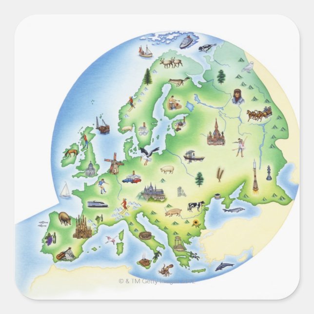 Sticker Carré Carte de l'Europe avec des illustrations de (Devant)