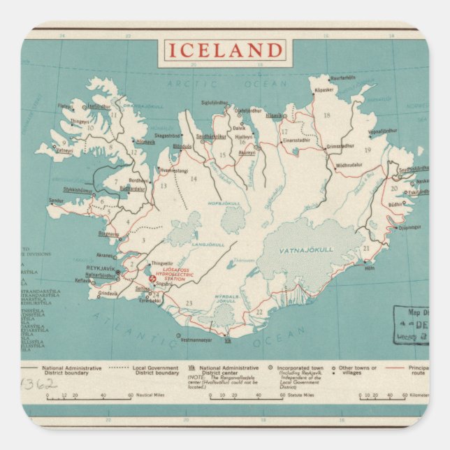 Sticker Carré Carte de l'Islande (circa 1959) (Devant)