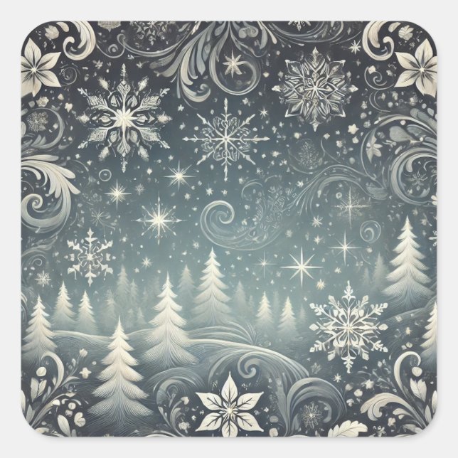 Sticker Carré Carte de Noël Ethereal Winter's Night (Devant)