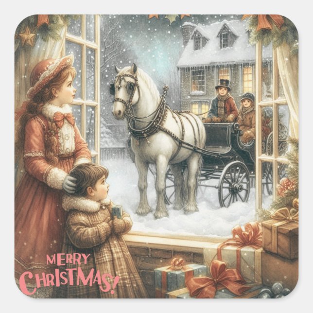 Sticker Carré Carte de Noël rustique victorienne (Devant)