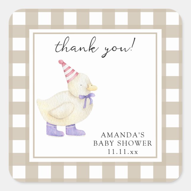 Sticker Carré Carte de remerciements plié Baby shower canard (Devant)