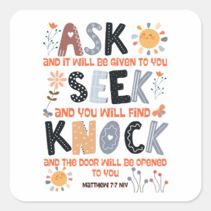 Sticker Carré Carte de verset biblique Matthieu 7:7