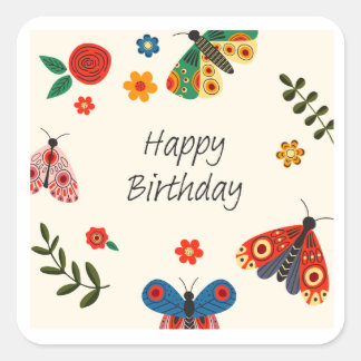 Sticker Carré Carte de vœux florale papillon Joyeux Anniversaire