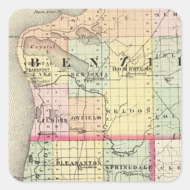 Sticker Carré Carte des comtés de Benzie et Manistee, Michigan (Devant)