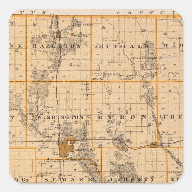 Sticker Carré Carte du comté de Buchanan, État de l'Iowa (Devant)