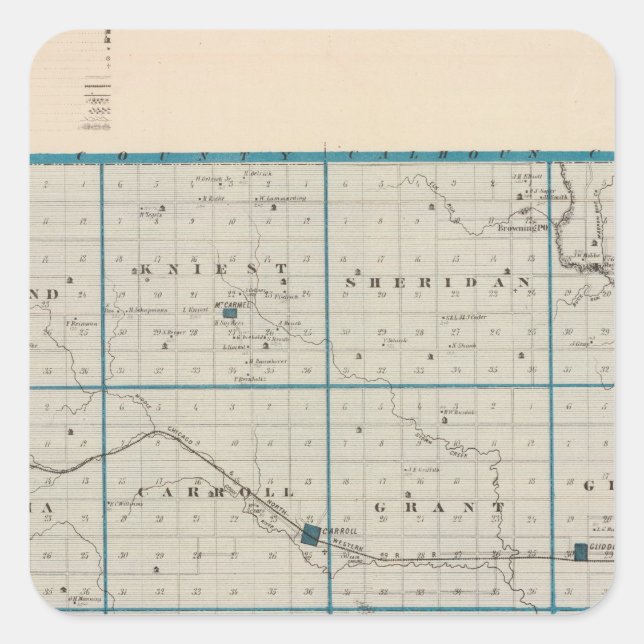 Sticker Carré Carte du comté de Carroll, État de l'Iowa (Devant)