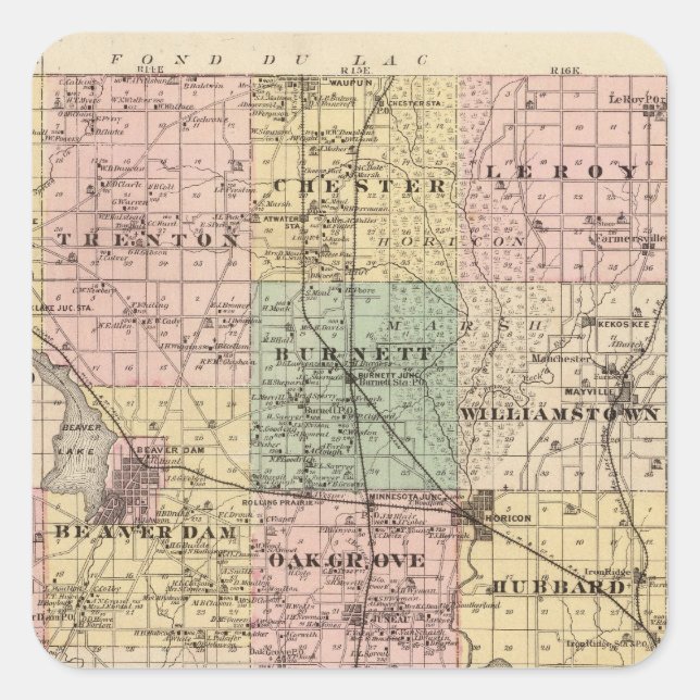 Sticker Carré Carte du comté de Dodge, État du Wisconsin (Devant)