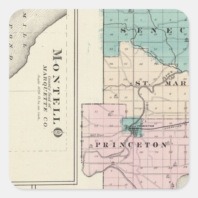 Sticker Carré Carte du comté de Green Lake, état du Wisconsin (Devant)