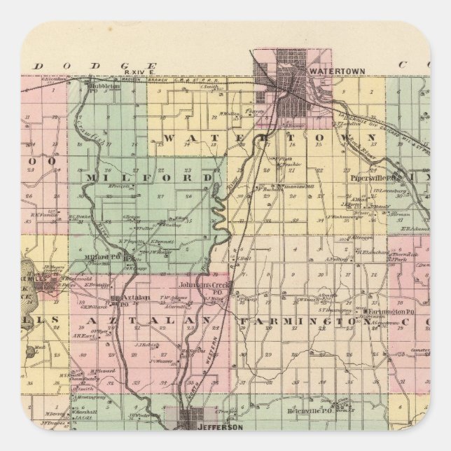 Sticker Carré Carte du comté de Jefferson, État du Wisconsin (Devant)