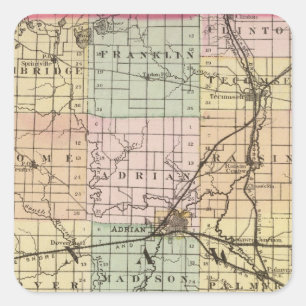 Sticker Carré Carte du comté de Lenawee, Michigan