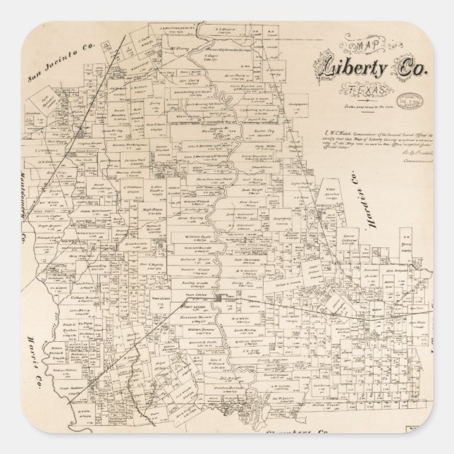 Sticker Carré Carte du comté de Liberty, Texas (1879) (Devant)