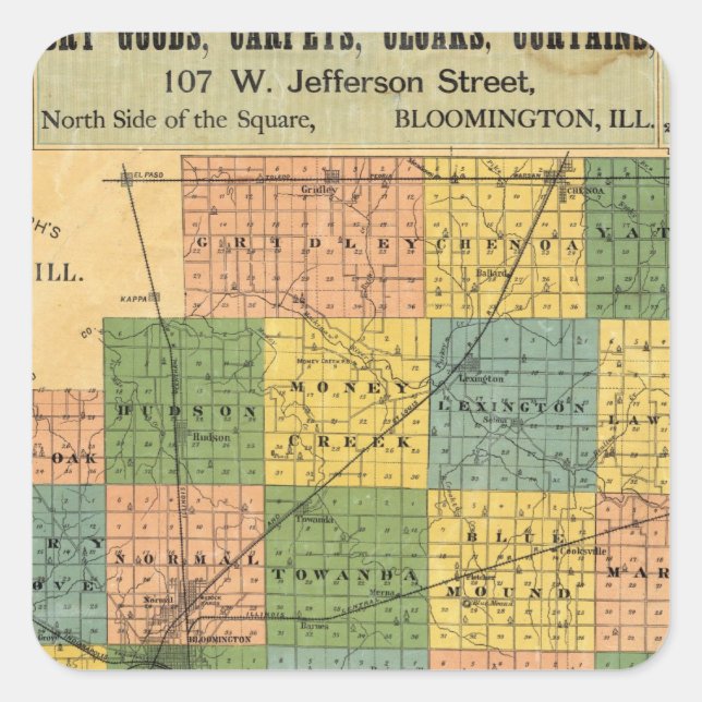 Sticker Carré Carte du comté de McLean, Illinois 1886 (Devant)