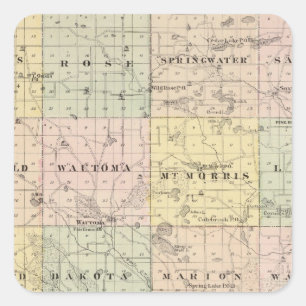 Sticker Carré Carte du comté de Waushara, Necedah et Wautoma