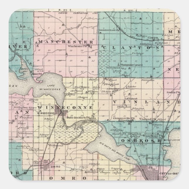 Sticker Carré Carte du comté de Winnebago, État du Wisconsin (Devant)